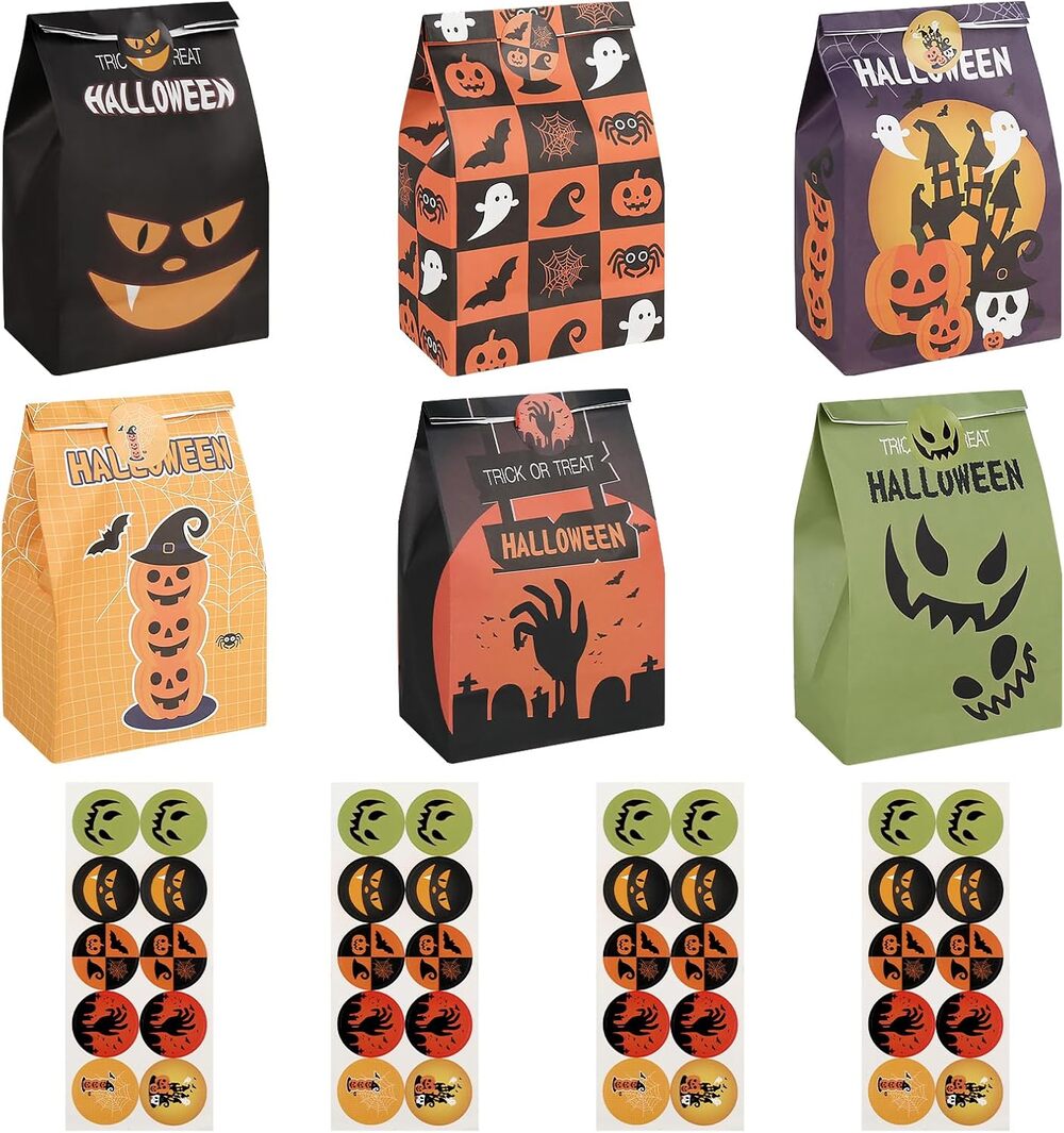 36 Halloween Candy Bags with Stickers | 6 Designs Treat Goodie Bags